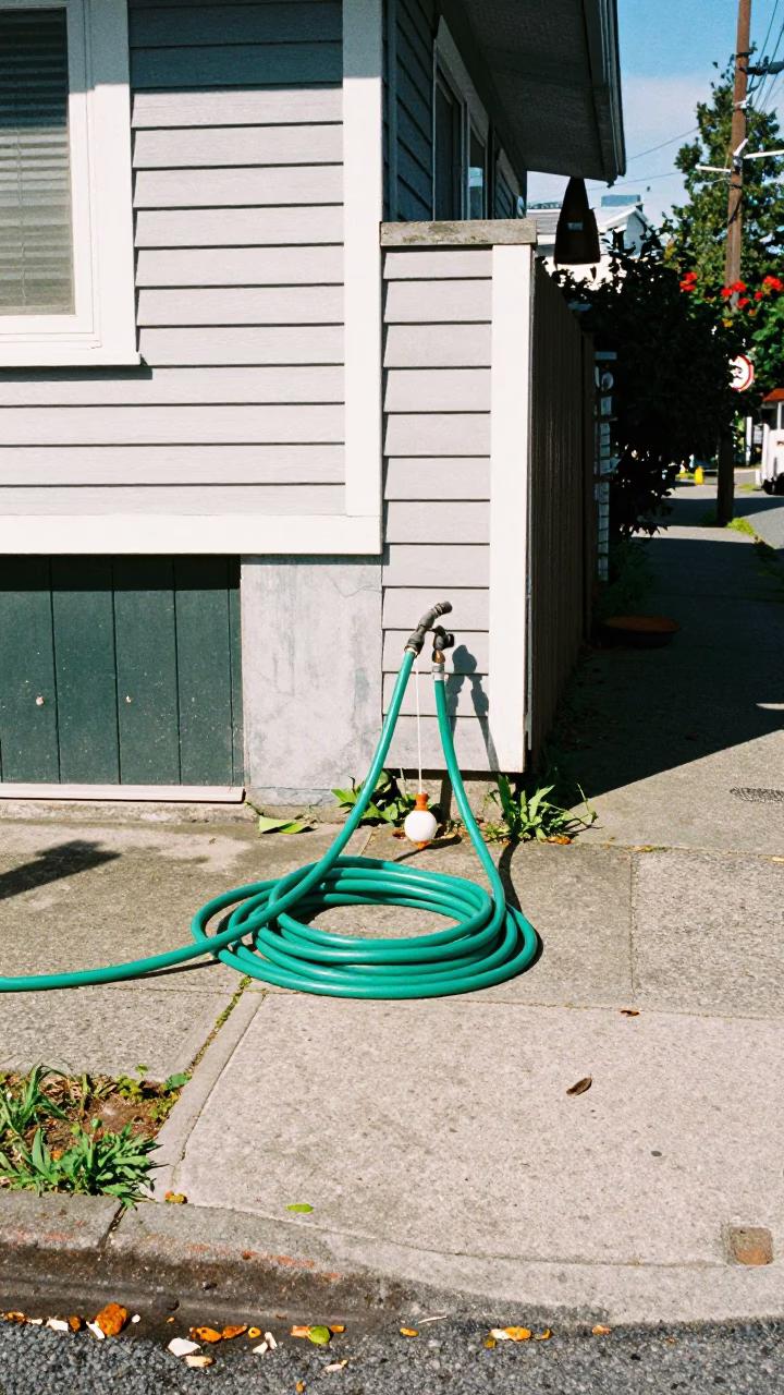 Vancouver Street Corner Noon Light With Garden Hose And Fishing Floats in in Vancouver, British Columbia, Canada