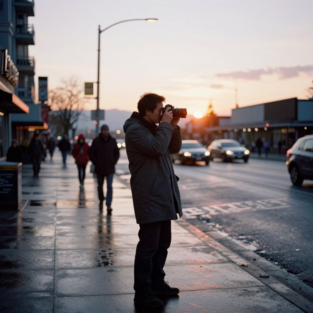 Vancouver Street Photographer Capturing Candid Moment at Sunset in British Columbia in in Vancouver, British Columbia, Canada