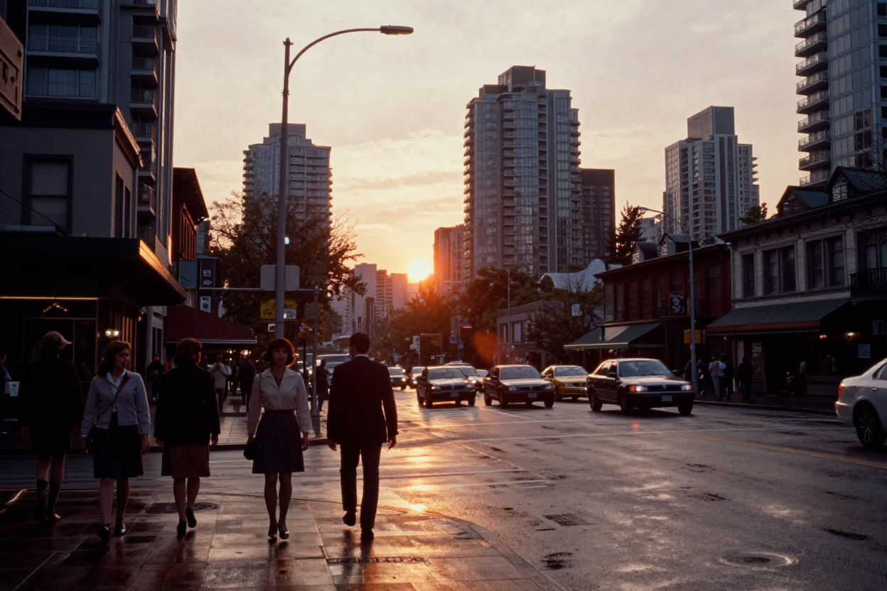 Vancouver Street Scene at As The Sun Drops Toward The Horizon in in Vancouver, British Columbia, Canada