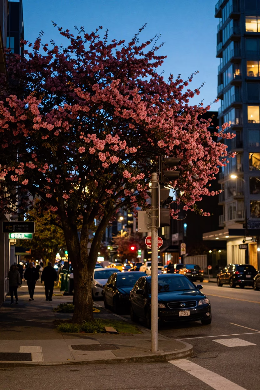 Vancouver Street Scene at Dusk with Madrone Tree and Urban Details in in Vancouver, British Columbia, Canada