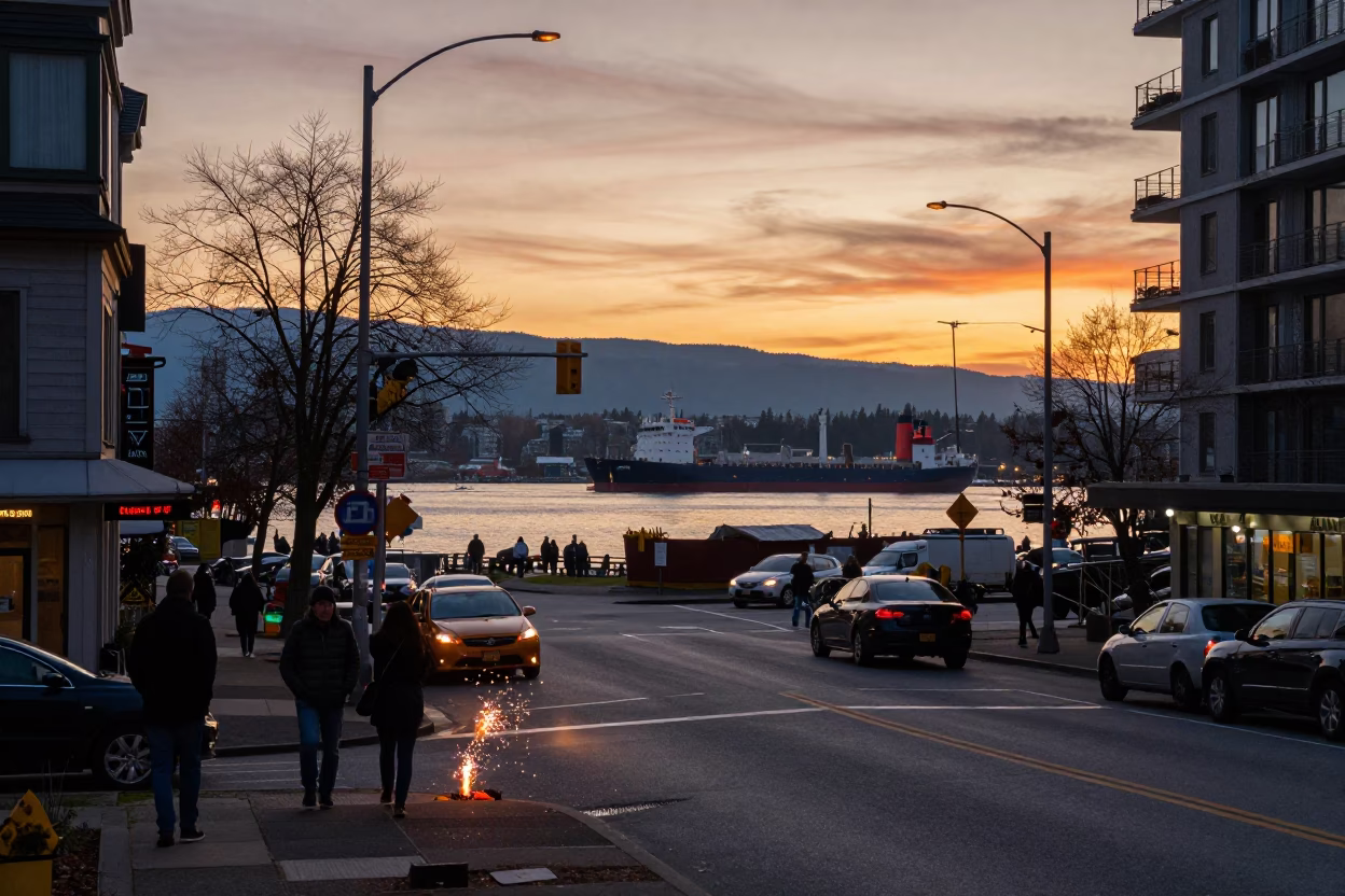 Vancouver Street Scene at Sunset with Construction Sparks and Dhow Sailing in in Vancouver, British Columbia, Canada
