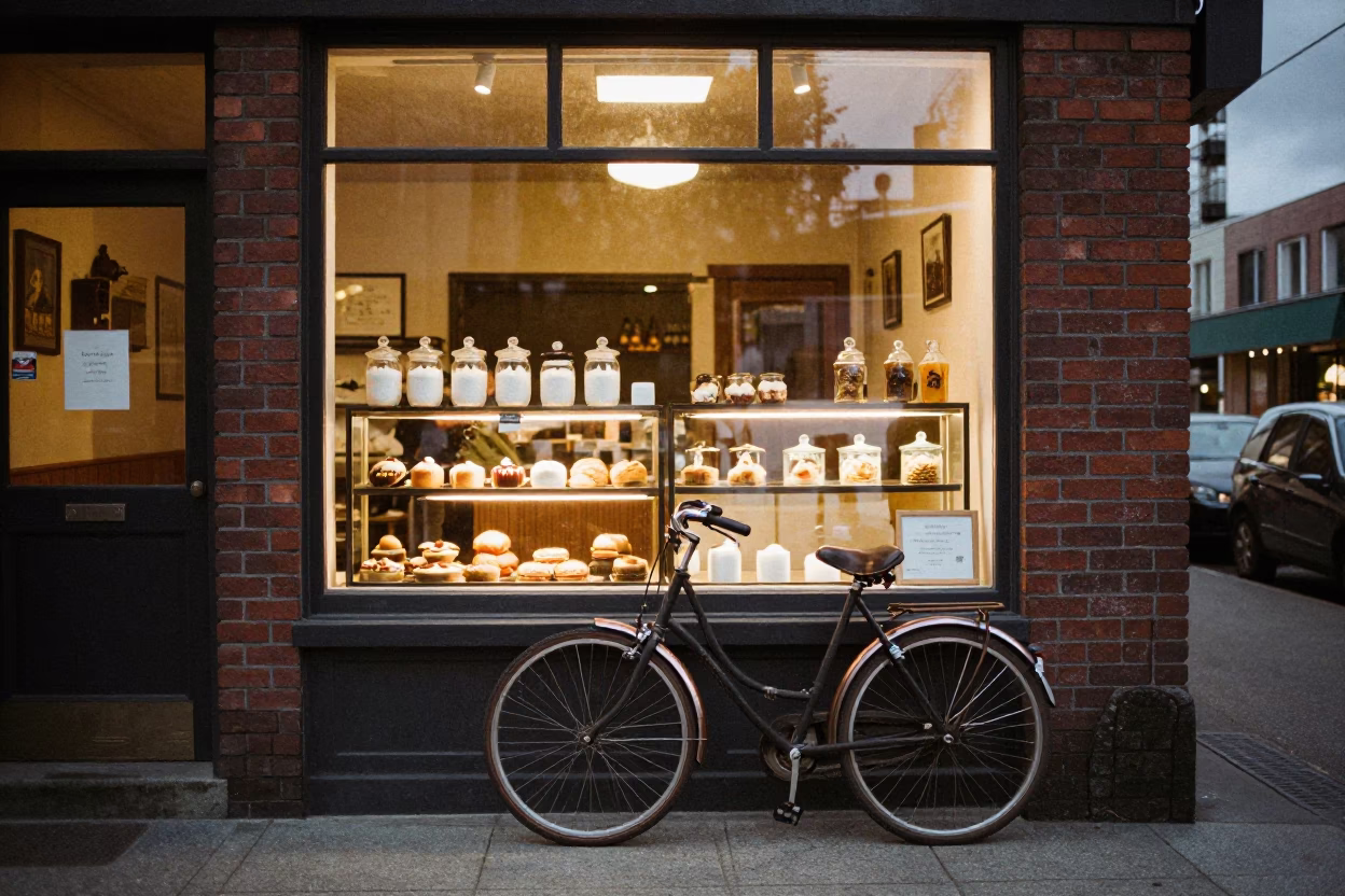 Vancouver Street Scene Before Dusk with Bicycle and Bakery Window Display in in Vancouver, British Columbia, Canada