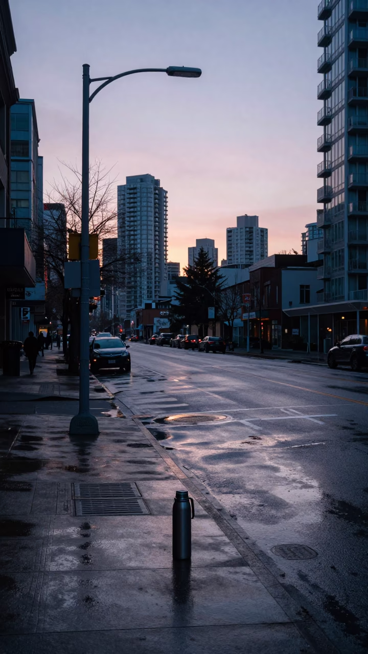 Vancouver Street Scene Before Sunrise with Thermos and Wet Pavement in in Vancouver, British Columbia, Canada