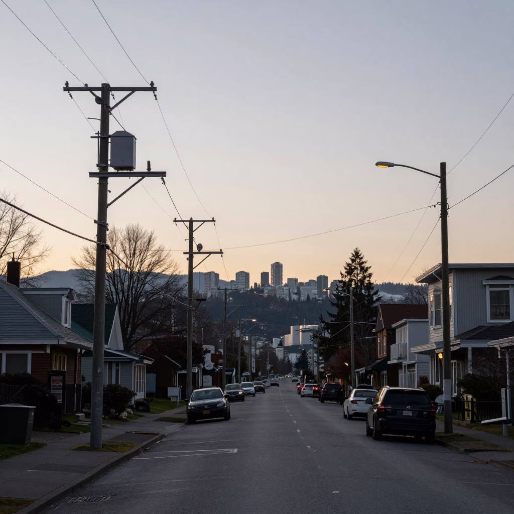 Vancouver street scene before sunrise with utility infrastructure and early morning activity in in Vancouver, British Columbia, Canada