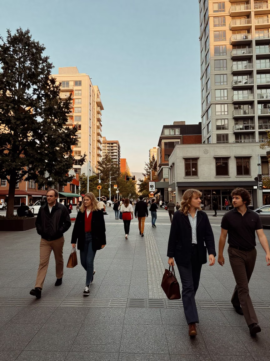 Vancouver street scene early afternoon with pedestrians and city skyline in in Vancouver, British Columbia, Canada