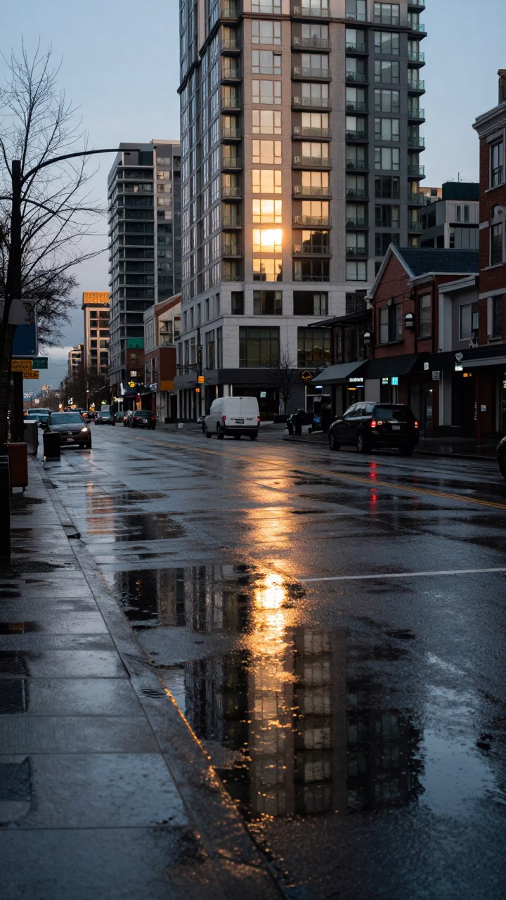 Vancouver Street Scene First Light Reflections on Wet Pavement and Vintage Cars in in Vancouver, British Columbia, Canada