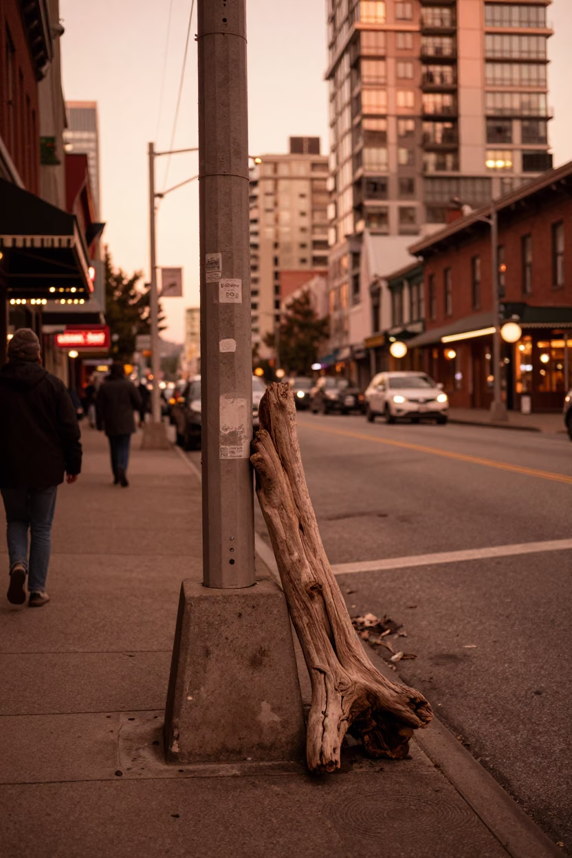 Vancouver Street Scene in Copper Toned Light Before Dusk With Driftwood and Urban Details in in Vancouver, British Columbia, Canada