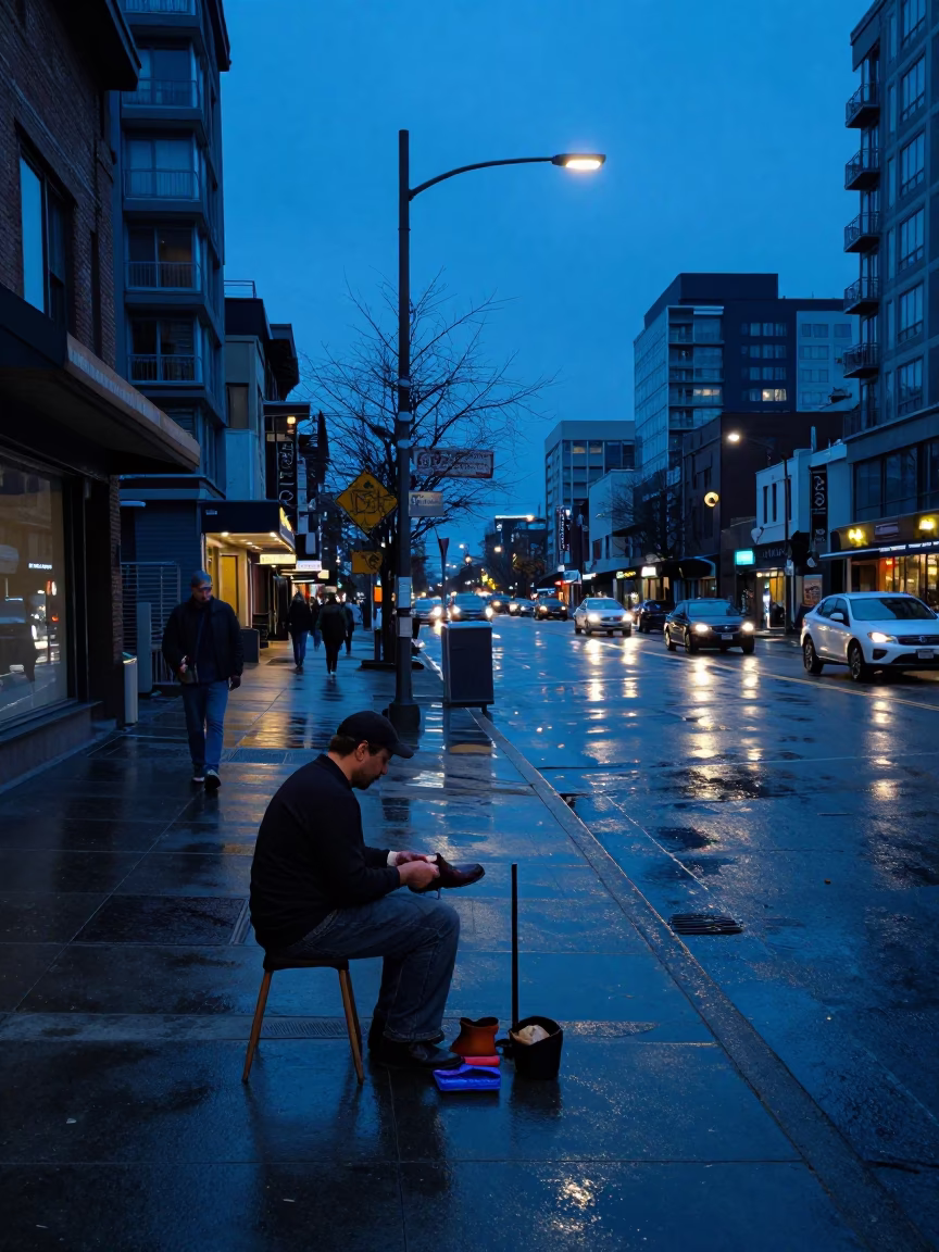 Vancouver Street Scene Indigo Twilight with Shoe Shiner and Urban Ambiance in in Vancouver, British Columbia, Canada