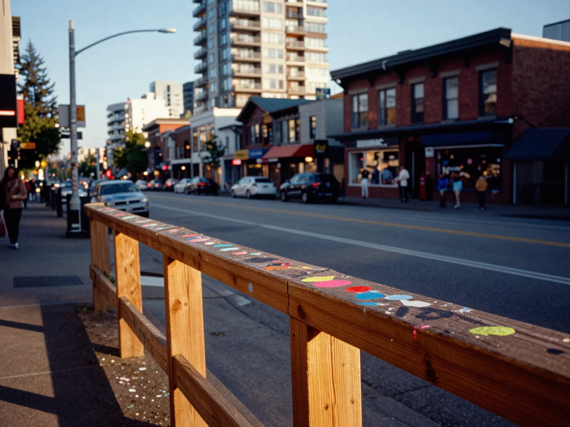 Vancouver Street Scene Late Afternoon with Paint Flecks on Rail and Macarons in in Vancouver, British Columbia, Canada