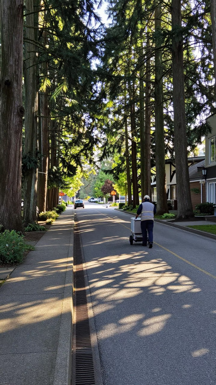 Vancouver Street Scene Late Morning with Leaf Shadows and Urban Details in in Vancouver, British Columbia, Canada