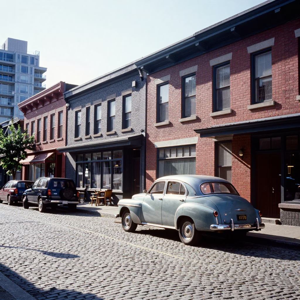 Vancouver Street Scene Midmorning Light with Vintage 1950s Architecture and Local Commerce in in Vancouver, British Columbia, Canada