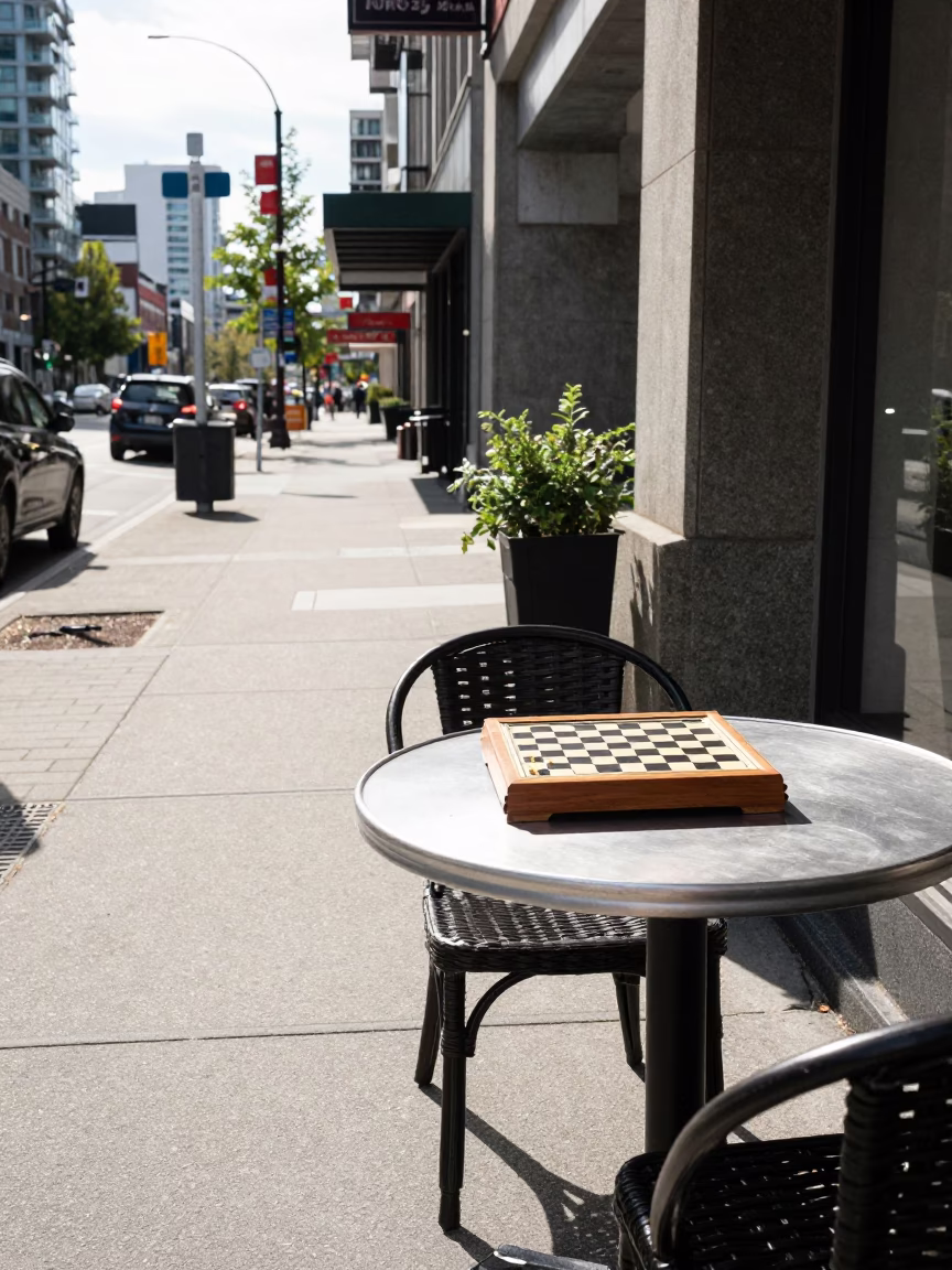 Vancouver Street Scene Noon Light with Chess Clock and Coffee in in Vancouver, British Columbia, Canada