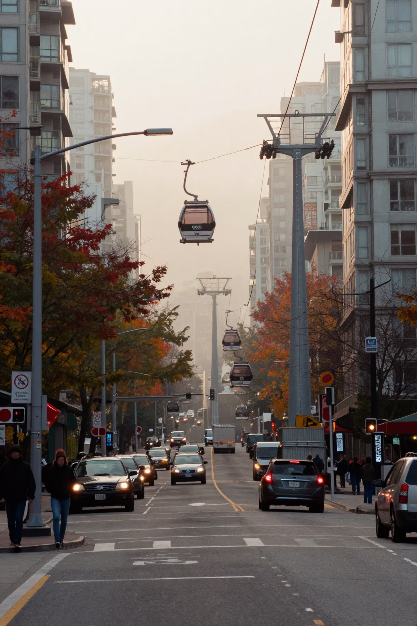 Vancouver Street Scene with Gondola Lift and Autumn Mist in Early Afternoon in in Vancouver, British Columbia, Canada