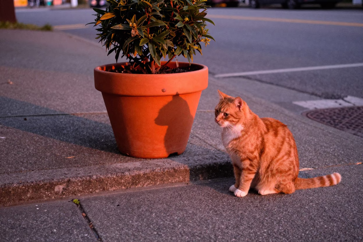 Vancouver street scene with orange cat and flowerpot in copper light in in Vancouver, British Columbia, Canada