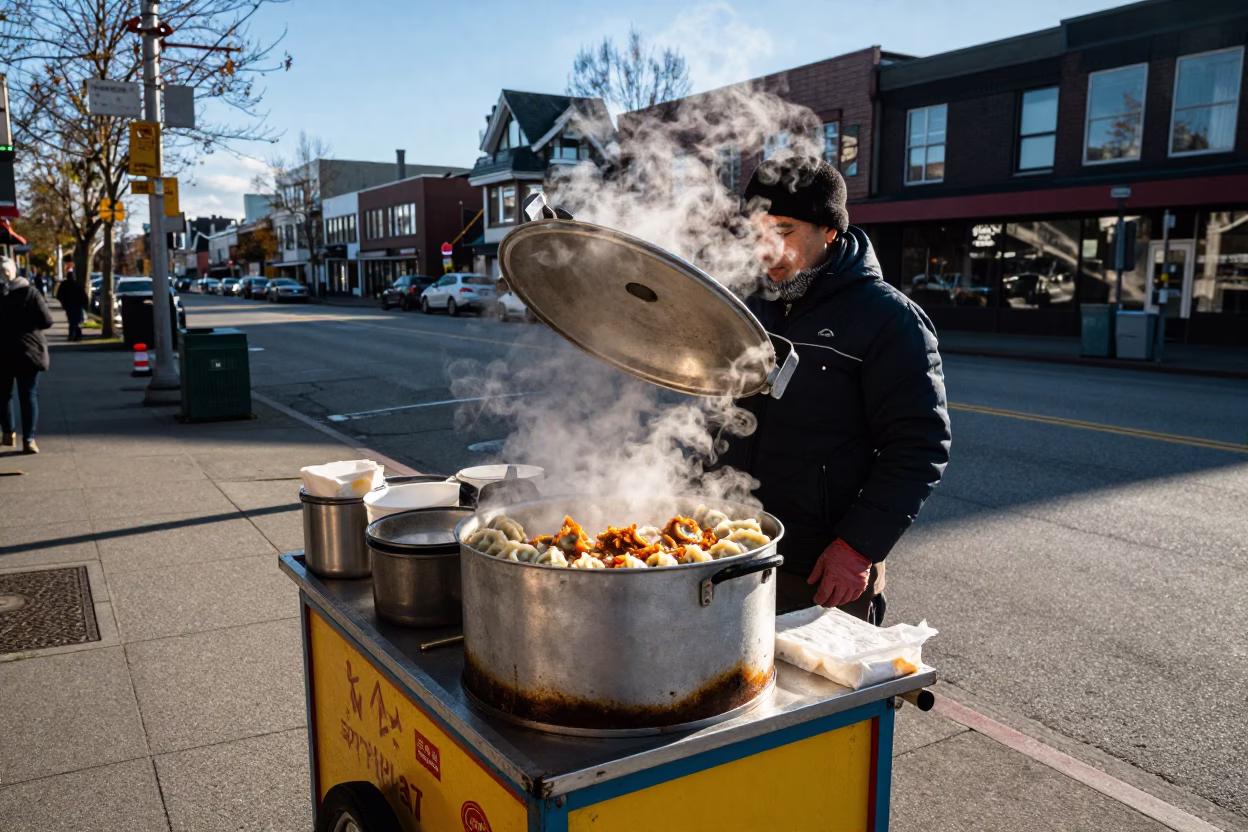 Vancouver Street Vendor Selling Curried Dumplings in Late Afternoon Light in in Vancouver, British Columbia, Canada