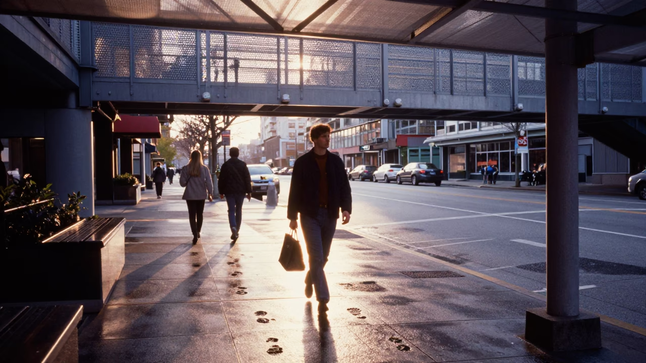 Vancouver Sunrise High Fashion Street Scene with Perforated Metal Overpass and Wet Footsteps in in Vancouver, British Columbia, Canada