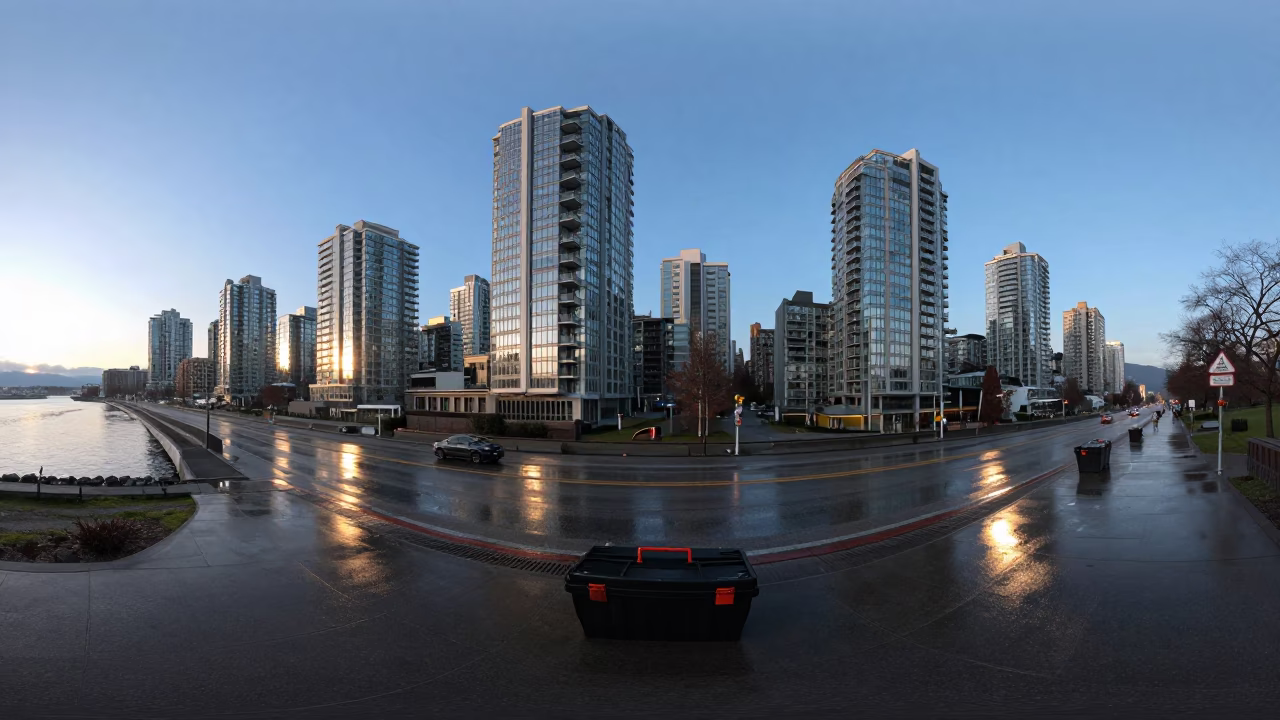 Vancouver Sunrise Street Scene with Brushed Steel and Toolbox in in Vancouver, British Columbia, Canada