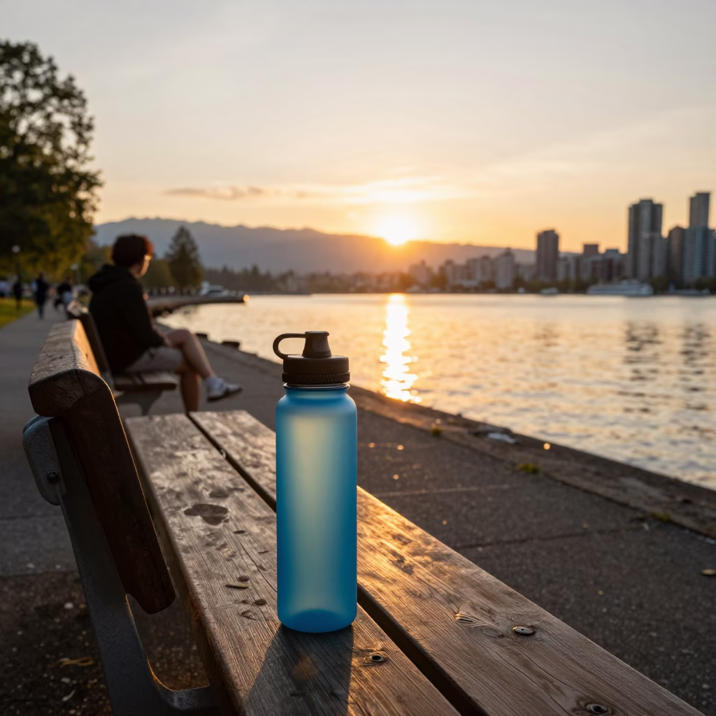 Vancouver Sunset at Coal Harbour Park with Water Bottle and City Skyline Reflection in in Vancouver, British Columbia, Canada