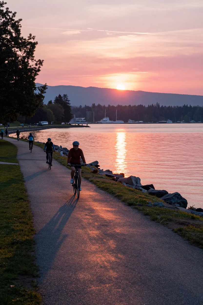 Vancouver Sunset at Stanley Park Seawall with Cyclists and City Skyline Reflections in in Vancouver, British Columbia, Canada
