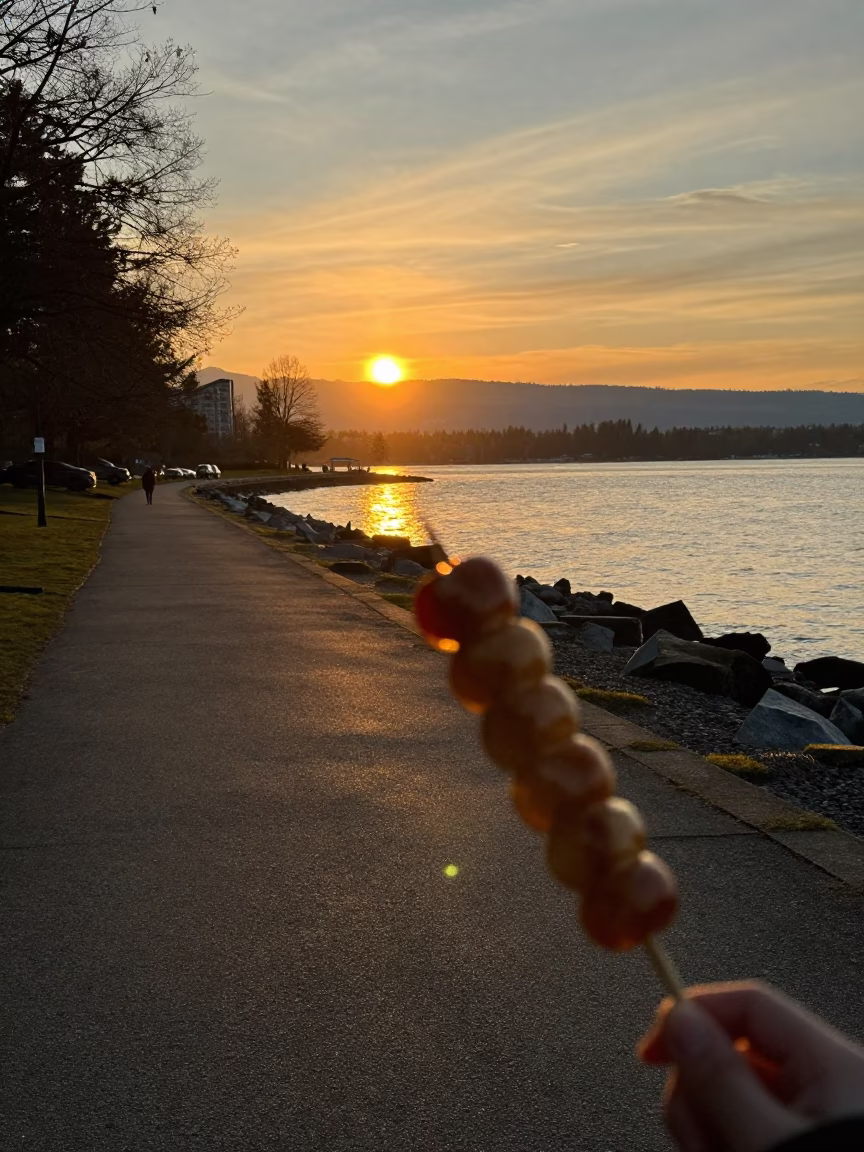 Vancouver Sunset at Stanley Park Seawall with Dango Skewers and Clipboard in in Vancouver, British Columbia, Canada