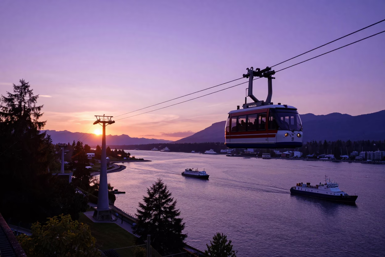 Vancouver Sunset Cable Car Crossing Deep River Valley with Busy Urban Activity in in Vancouver, British Columbia, Canada