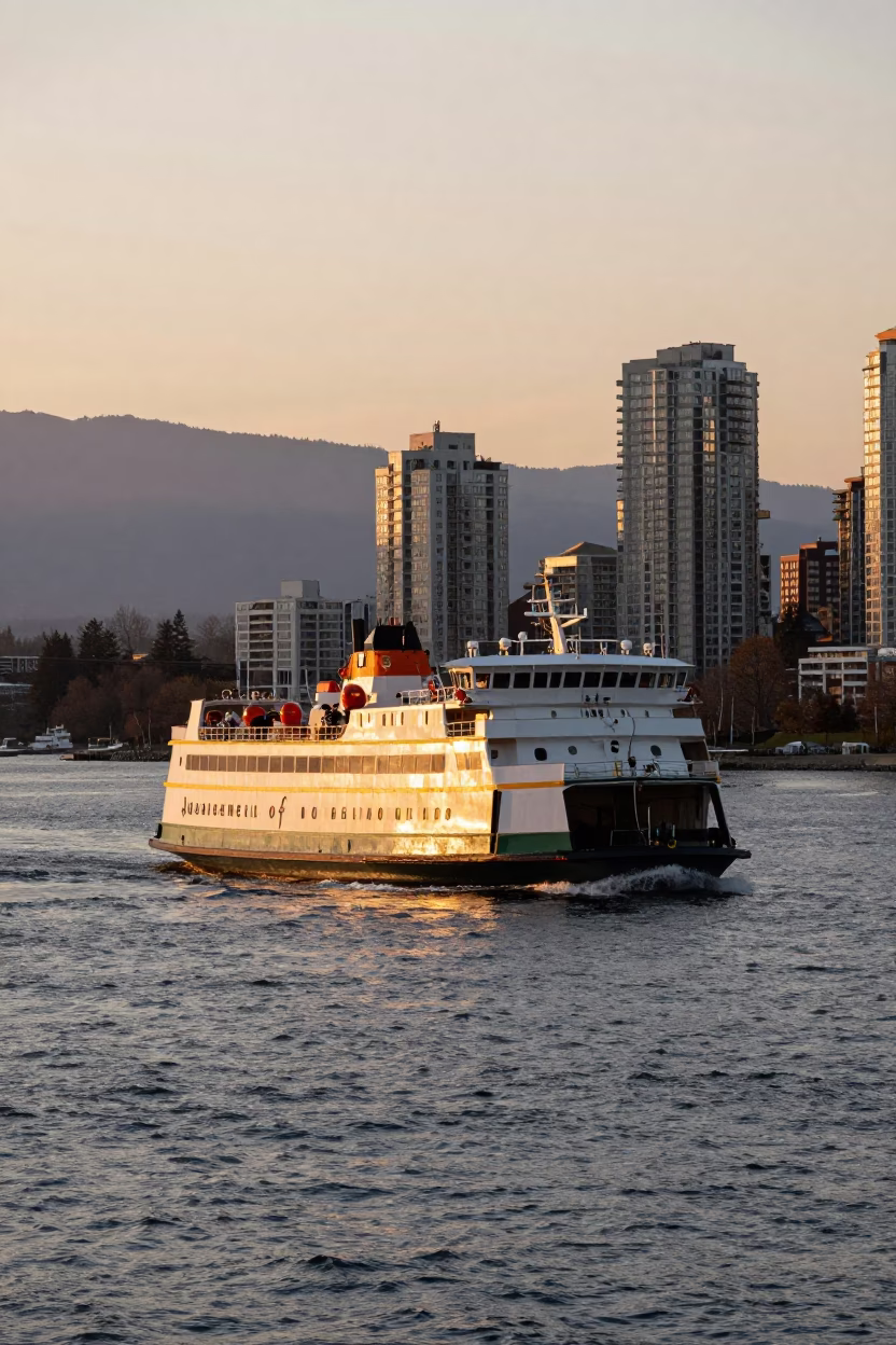Vancouver Sunset Chain Ferry Crossing Burrard Inlet with City Skyline Reflections in in Vancouver, British Columbia, Canada