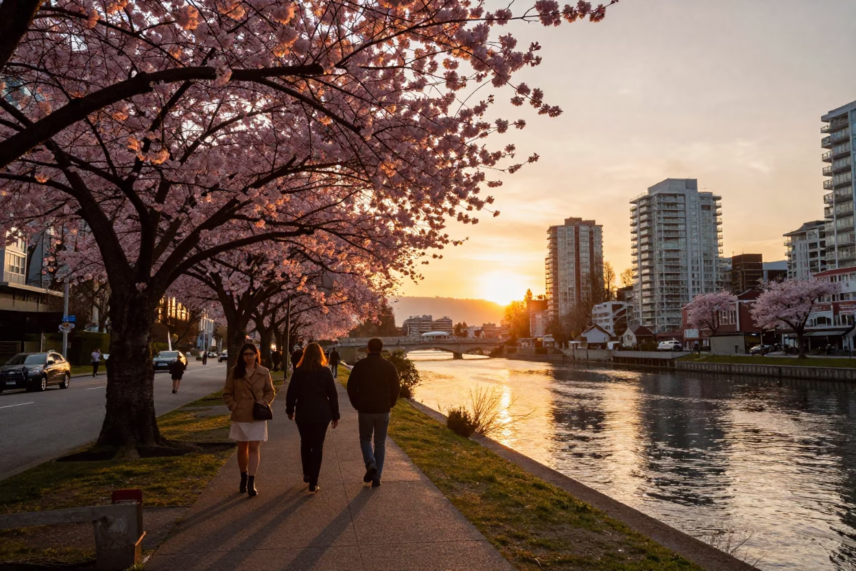 Vancouver Sunset Cherry Blossom Canal Street Scene 1960s in in Vancouver, British Columbia, Canada