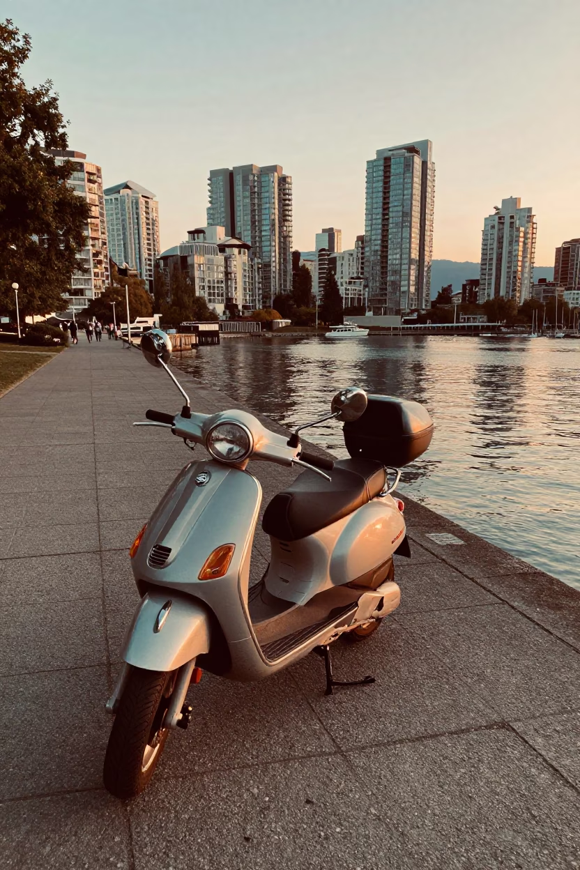 Vancouver Sunset Harbor Promenade with Parked Scooter and City Skyline in in Vancouver, British Columbia, Canada