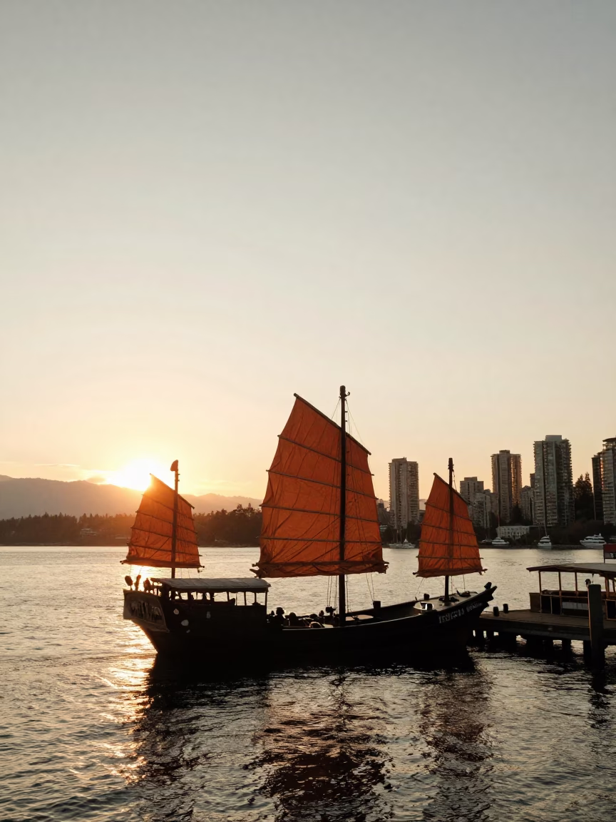 Vancouver Sunset Harbor Scene with Chinese Junk Battened Sails and Coastal Architecture in in Vancouver, British Columbia, Canada
