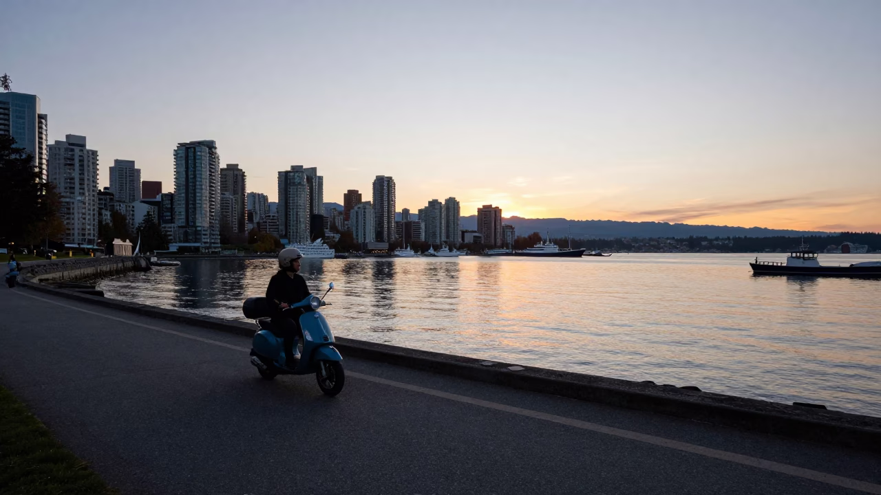 Vancouver Sunset Harbor Scene with Scooter and City Skyline in in Vancouver, British Columbia, Canada