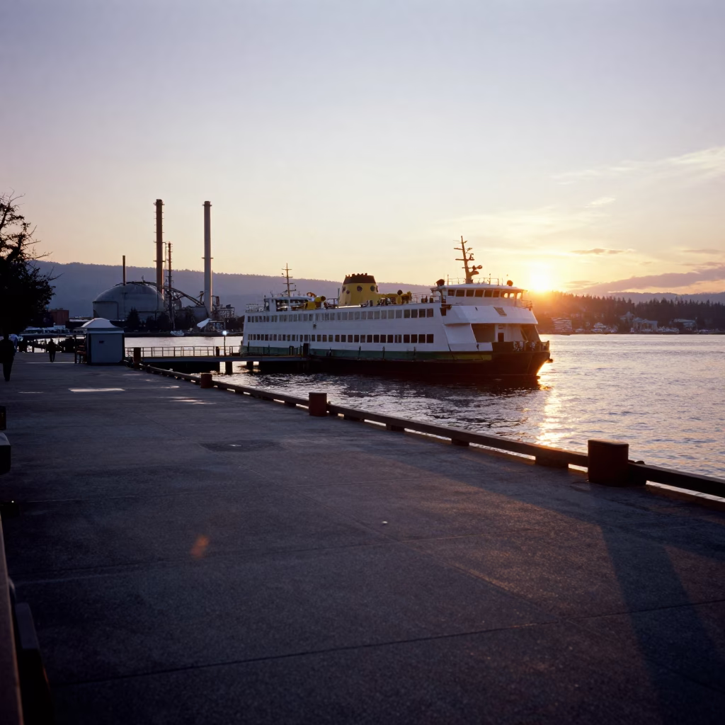 Vancouver Sunset Hydrogen Ferry Dock with Refinery Background and Urban Activity in in Vancouver, British Columbia, Canada
