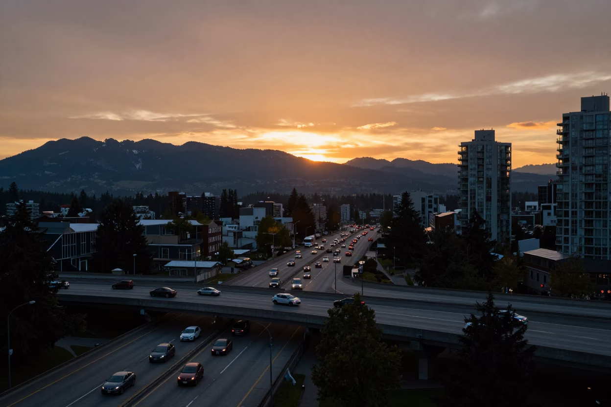 Vancouver Sunset Overpass Interchange Lane Split Lit by Taillight Streaks in in Vancouver, British Columbia, Canada