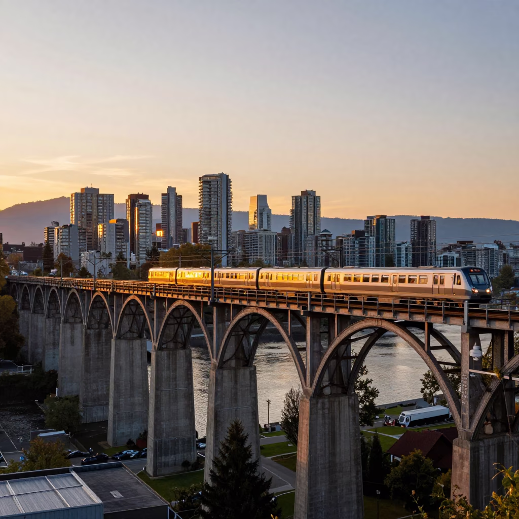 Vancouver Sunset Railway Viaduct and City Skyline at Dusk in in Vancouver, British Columbia, Canada