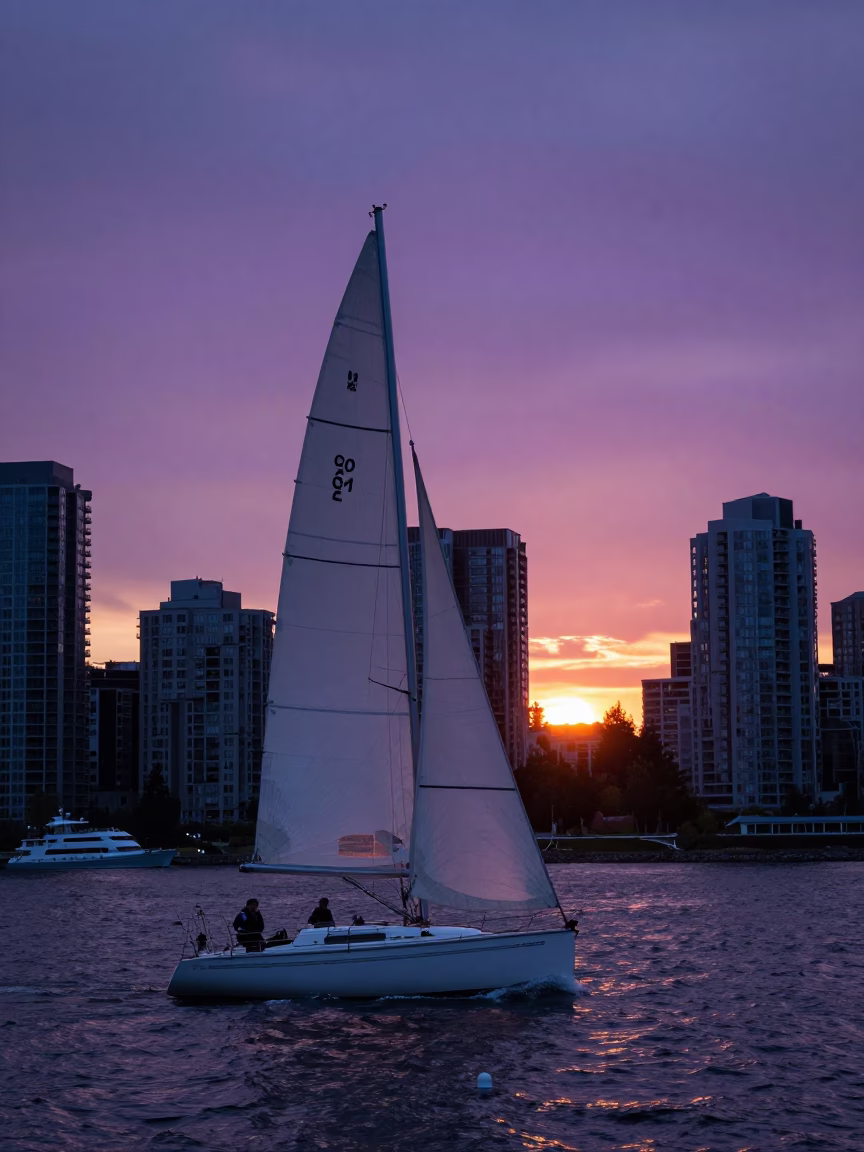 Vancouver Sunset Sailboat Tacking at Harbour with Urban Skyline in in Vancouver, British Columbia, Canada