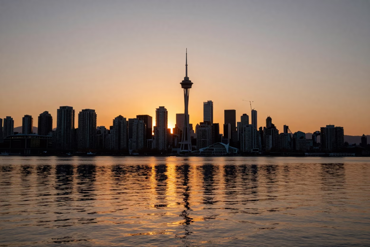 Vancouver Sunset Skyline Reflection on False Creek Water with Downtown Buildings and Boats in in Vancouver, British Columbia, Canada