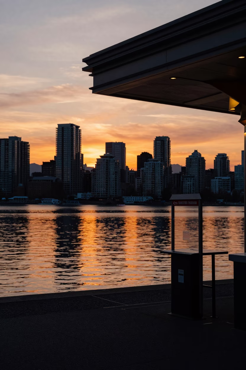 Vancouver Sunset Skyline Reflections with Valet Stand and City Lights in in Vancouver, British Columbia, Canada