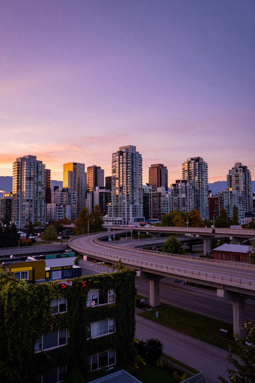 Vancouver Sunset Skyline with Ivy Covered Building and Magazine Rack in in Vancouver, British Columbia, Canada