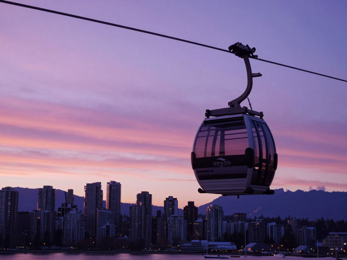 Vancouver Sunset Skyride Crossing Burrard Inlet with City Skyline and Water Reflections in in Vancouver, British Columbia, Canada