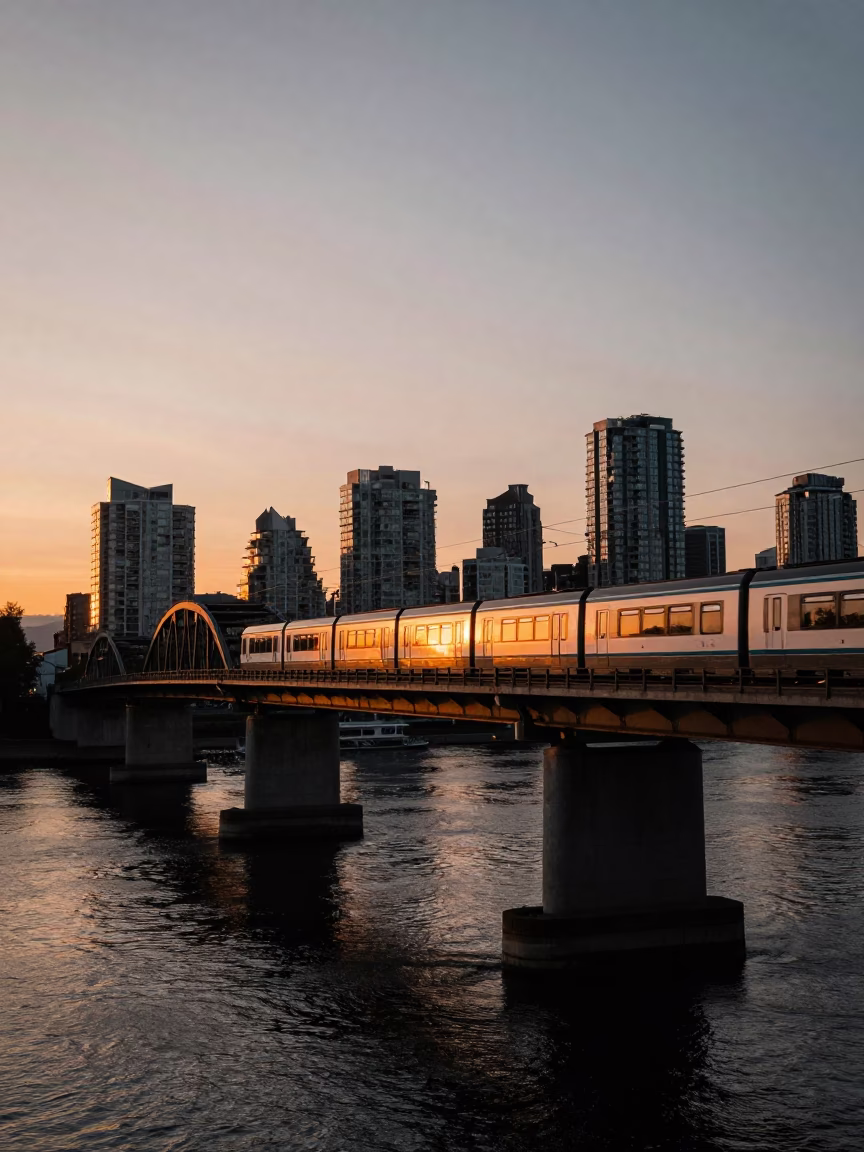 Vancouver Sunset Skytrain Crossing Burrard Bridge with City Skyline Reflections in in Vancouver, British Columbia, Canada