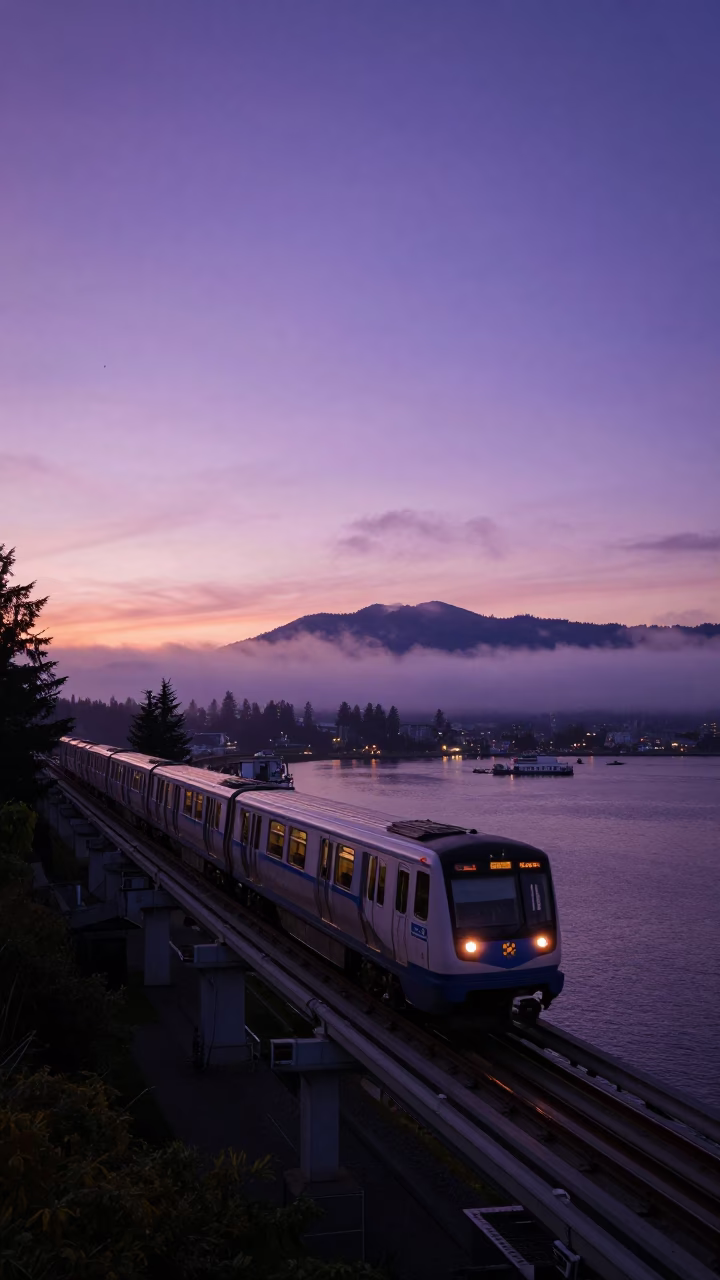 Vancouver Sunset Skytrain Passes Over Stanley Park Fog and Waterfront in in Vancouver, British Columbia, Canada