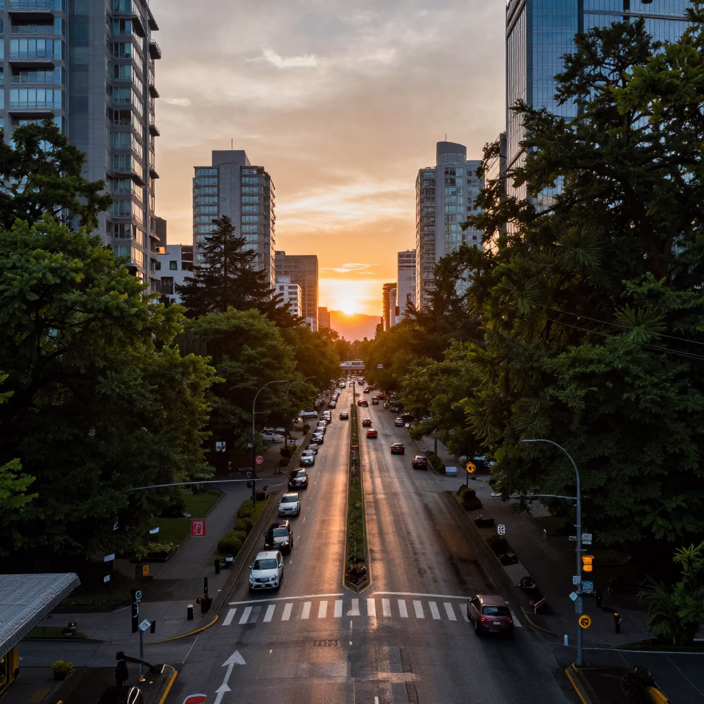 Vancouver Sunset Street Scene with Aerial Tramway and Rainforest Canopy at Dusk in in Vancouver, British Columbia, Canada