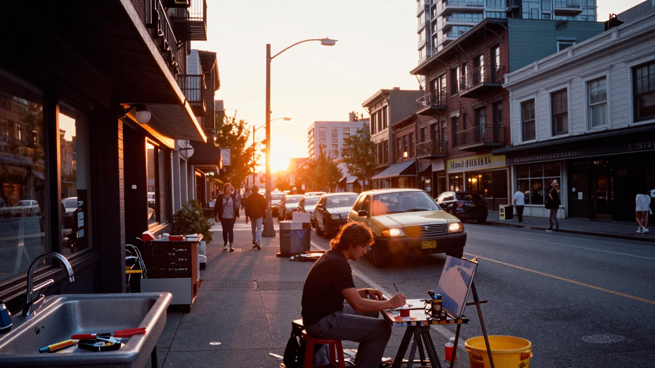Vancouver Sunset Street Scene with Art Supplies and Urban Elements in in Vancouver, British Columbia, Canada