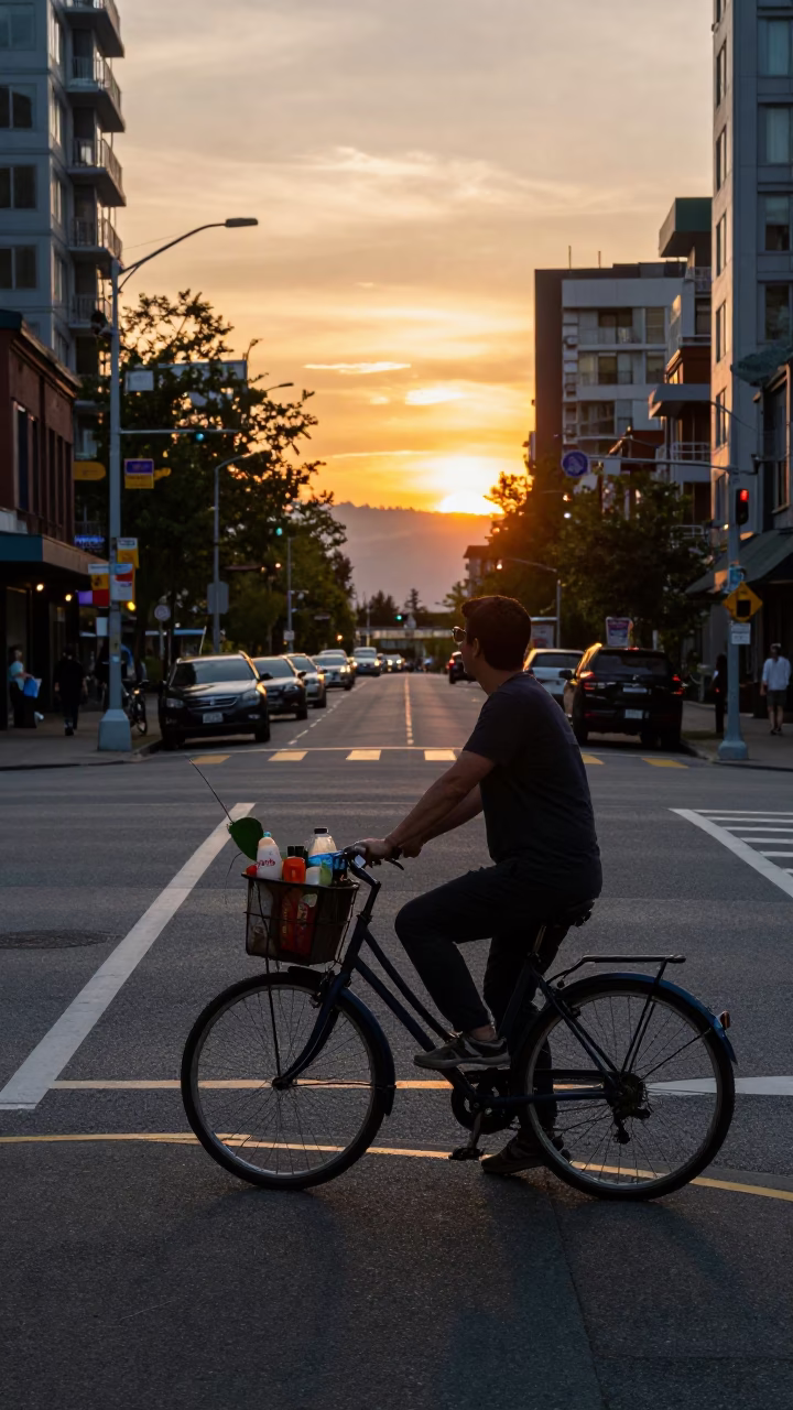 Vancouver sunset street scene with bicycle basket and fishing floats near harbor in in Vancouver, British Columbia, Canada