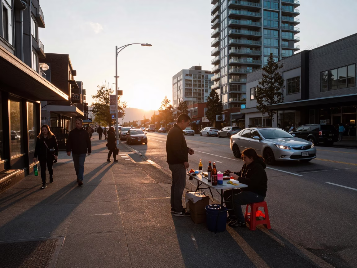 Vancouver Sunset Street Scene with Bottle and Local Interaction in in Vancouver, British Columbia, Canada