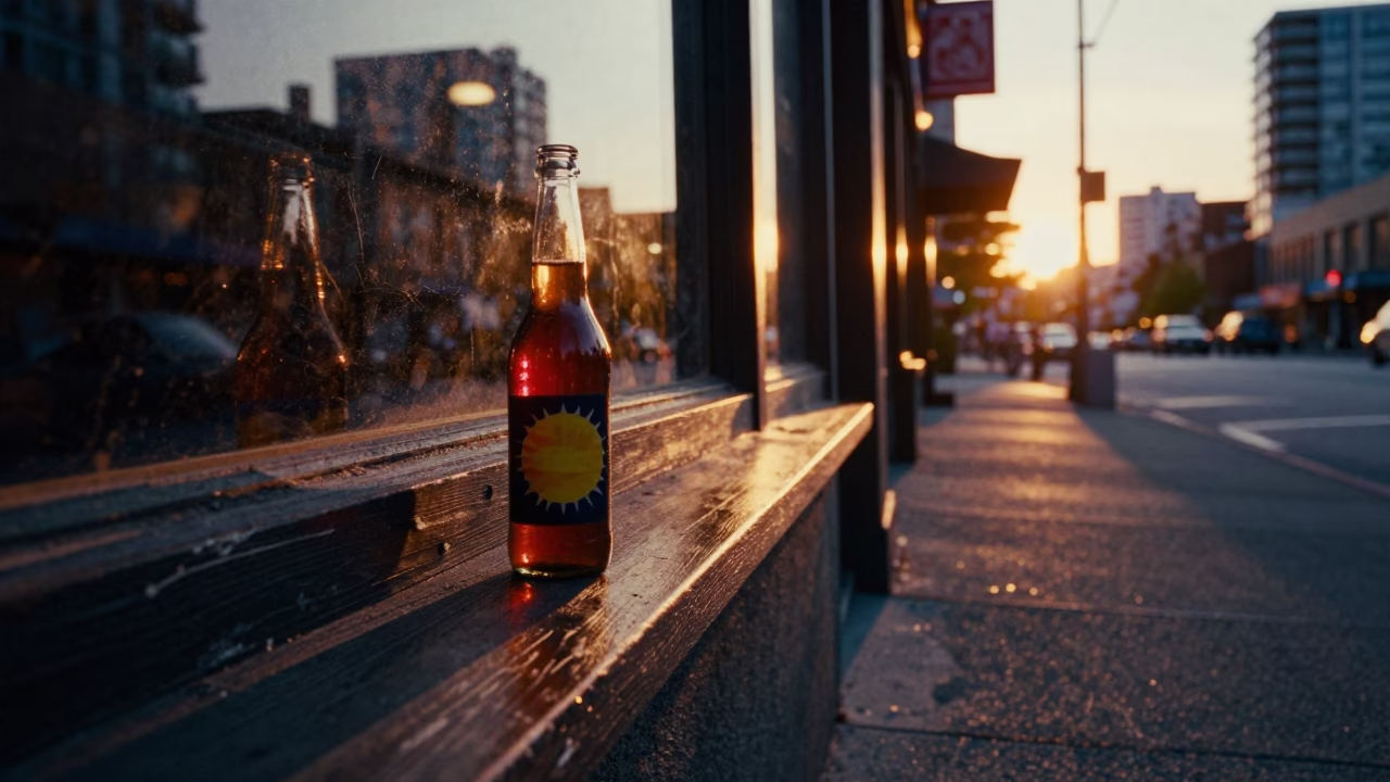 Vancouver Sunset Street Scene with Bottle and Sun Stripe on Sill Edge in in Vancouver, British Columbia, Canada