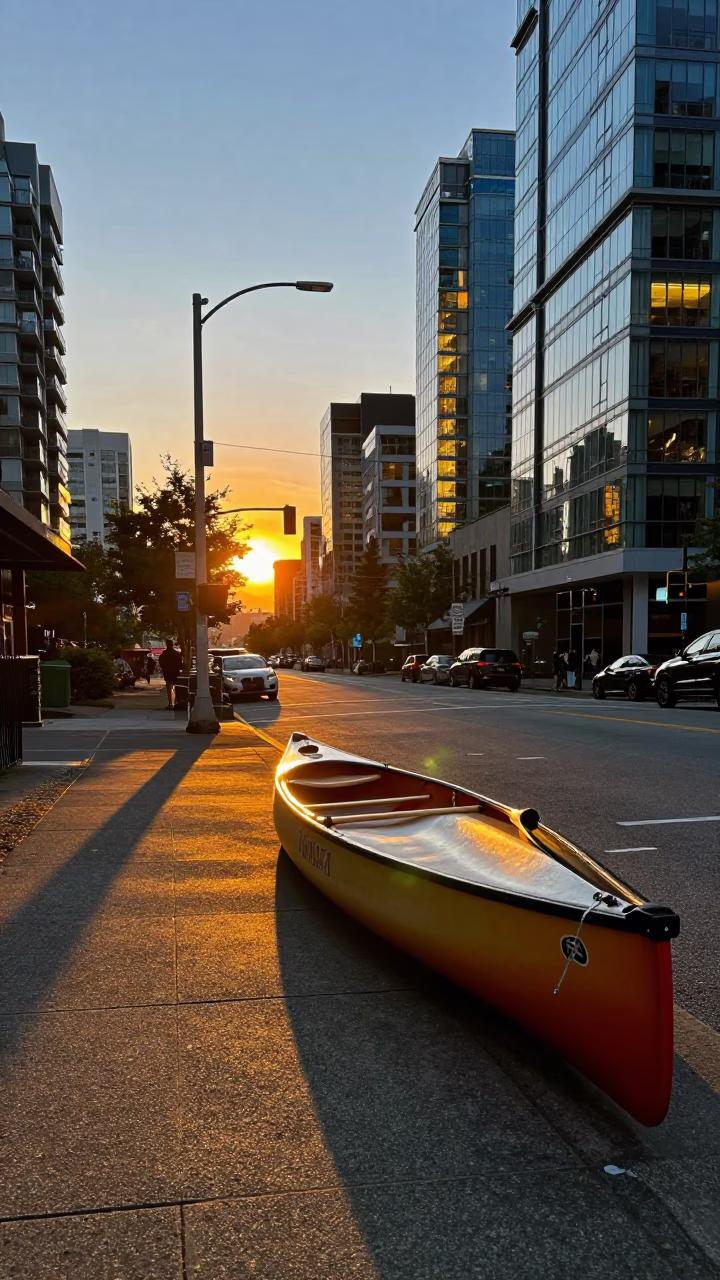 Vancouver Sunset Street Scene with Canoe and Urban Reflections in in Vancouver, British Columbia, Canada