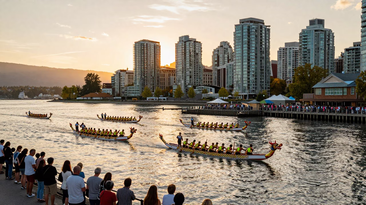 Vancouver Sunset Street Scene with Chinese Dragon Boat Festival Race and Potted Geraniums in in Vancouver, British Columbia, Canada