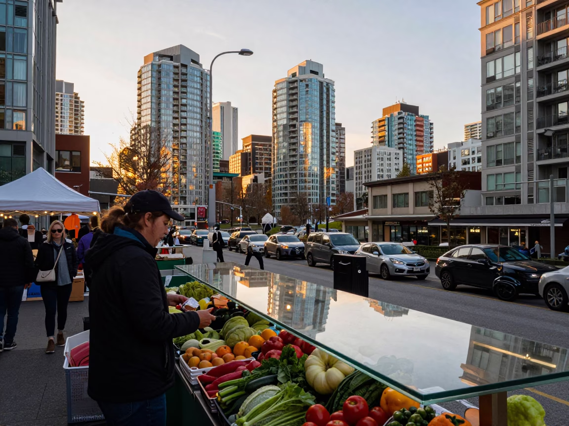 Vancouver Sunset Street Scene with Clear Glass Countertop and Twine Fibers in in Vancouver, British Columbia, Canada