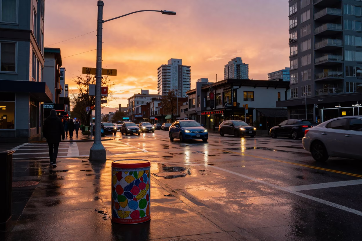 Vancouver Sunset Street Scene with Colorful Cookie Tin and Local Pedestrians in in Vancouver, British Columbia, Canada