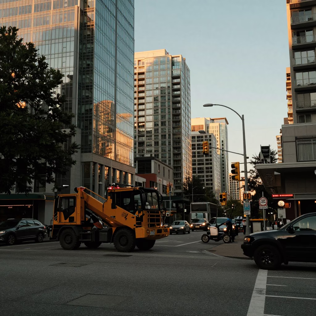 Vancouver Sunset Street Scene with Construction Mixer and Local Interaction in in Vancouver, British Columbia, Canada